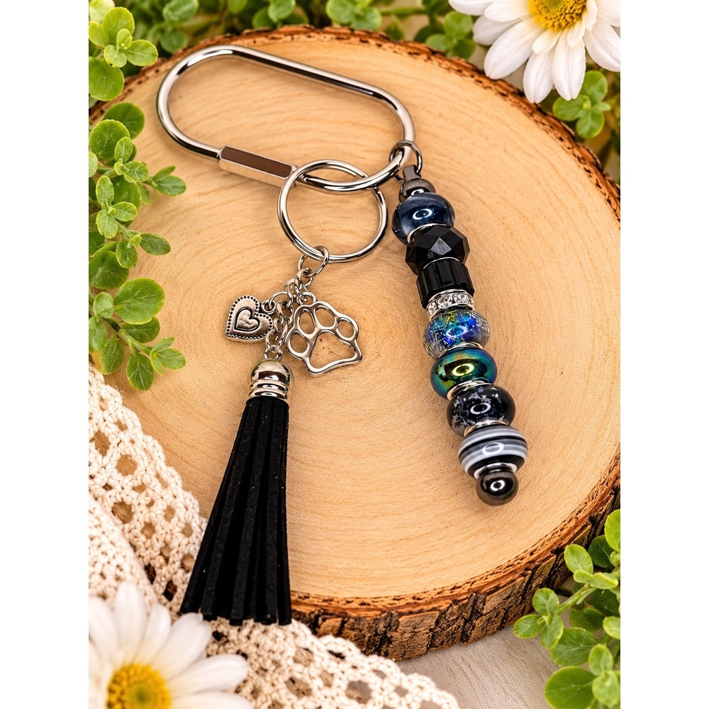 Handmade Beaded Keychain Black Tassel Paw Print Heart Charm Carabiner Clip F